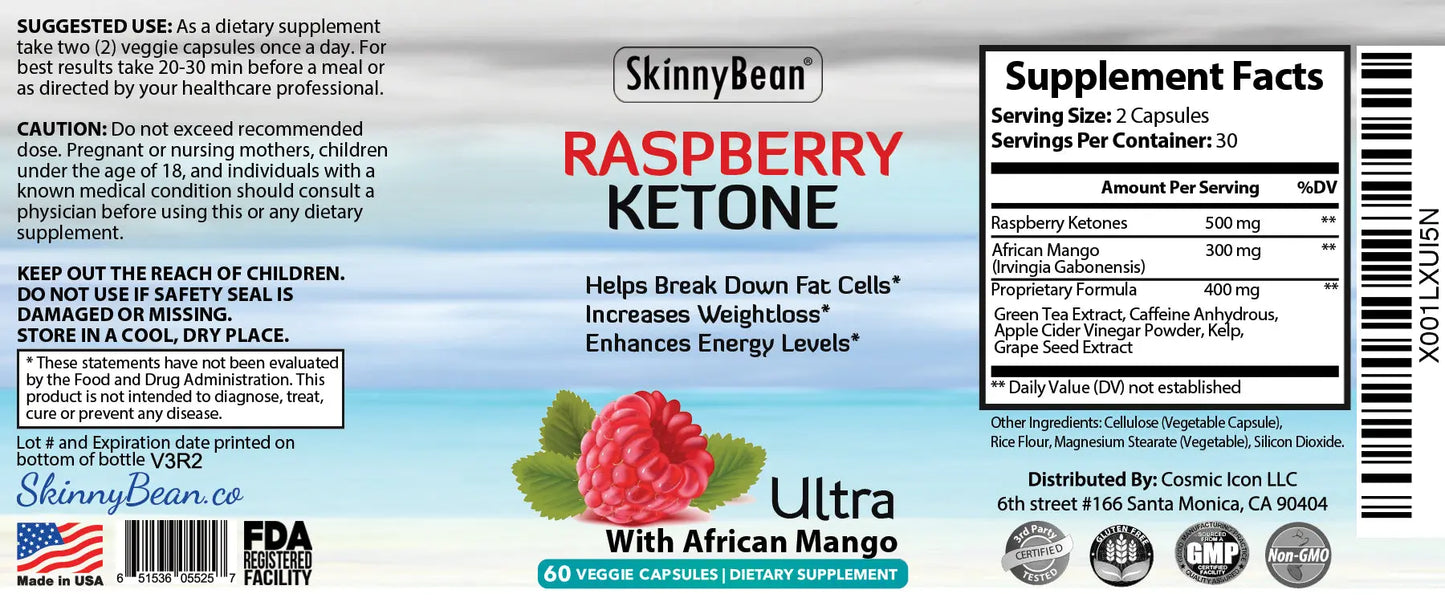 RASPBERRY KETONE ULTRA!  Ketones Potent Fat Burner Capsules PLUS African Mango extract SkinnyBeanCo